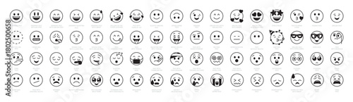 Emoji & smiley black icon set. Emotion, smile, emoticon, face, smiling, angry, happy, funny, worried, sad, lying, sleeping, crying, kissing, disappointed, winking. Vector illustration. Editable stroke