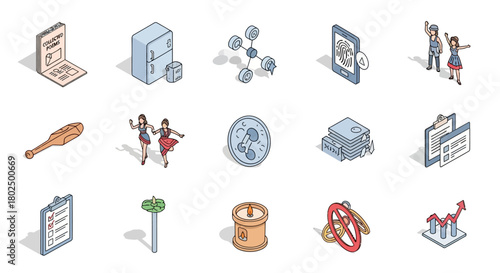 Isometric icon set featuring technology, leisure, and finance elements