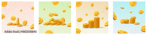 Gold coins falling and stacked on colorful backgrounds