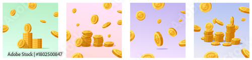 Floating gold coins and stacks on colorful backgrounds