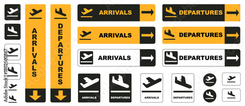 Airport arrivals and departures signs collection including icons and arrows