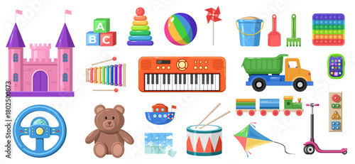 Colorful collection of children's toys including keyboard, truck, and building blocks