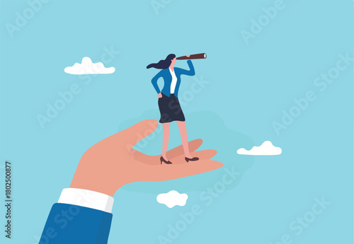 Business visionary, looking for career opportunity, female or woman leadership, business direction or discovery concept, confidence businesswoman with telescope on giant hand empower her to see future