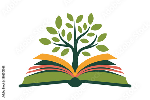An open book has a tree growing from its pages with green leaves.