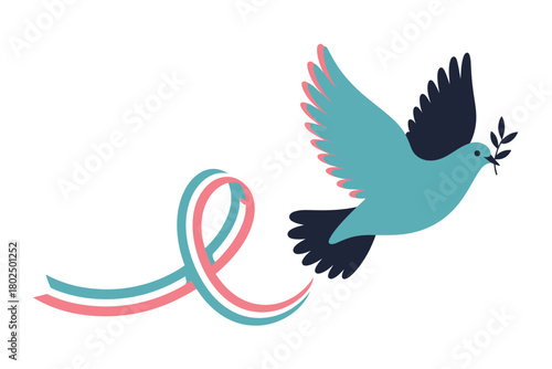 A dove flies with a ribbon and an olive branch, symbolizing peace.