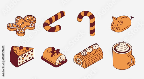 Festive gingerbread and candy cane icons: sweet winter holiday treats