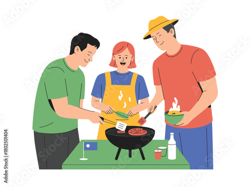 Three people are cooking together at a barbecue grill in the summer.