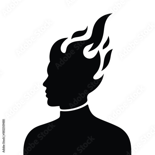 Silhouette of a person with flames erupting from their head