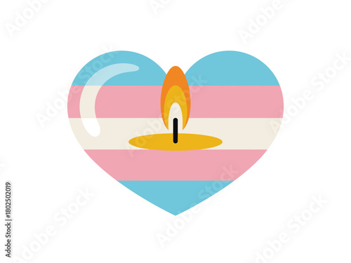 A candle burns in a heart shaped in the transgender flag colors.