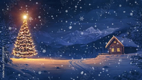 Christmas tree brightly decorated with warm lights standing near a cozy wooden cabin in a heavy snow covered xmas mountain landscape at night