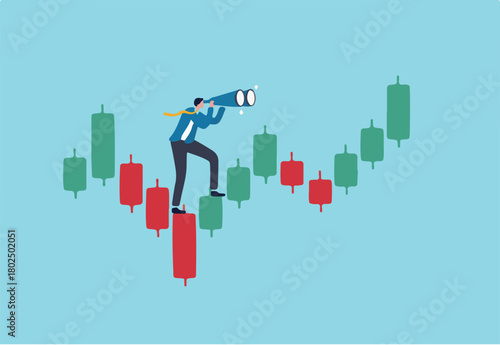 Investment forecast or prediction, vision to see investing opportunity, future profit from stock and crypto trading concept, businessman investor look on spyglass on trading candlestick chart.