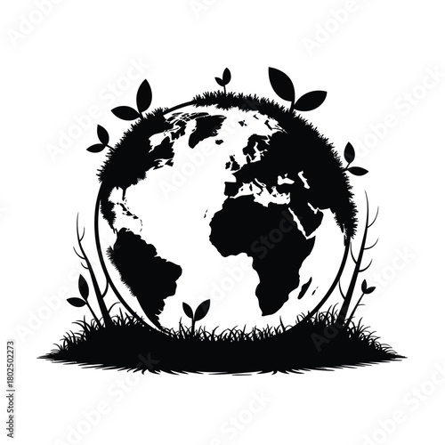 Black silhouette of earth with growing plants and grass