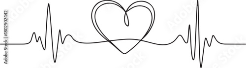 Heart beat one line. Continuous lines heart beats drawing. Wave pulse. Hand draw heartbeat. Design heartbeat for print. one line Icon drawing with white background
