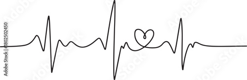 Heart beat one line. Continuous lines heart beats drawing. Wave pulse. Hand draw heartbeat. Design heartbeat for print. one line Icon drawing with white background