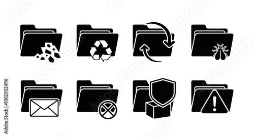 Folder icons: data management and security symbols in minimalist style