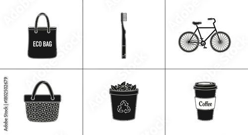 Eco-friendly icons set featuring bicycle, reusable bags, toothbrush, recycling, coffee cup