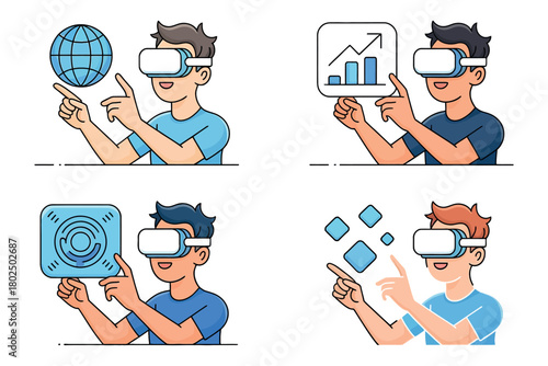 Man wearing a VR headset interacts with digital interfaces showing data and virtual objects.