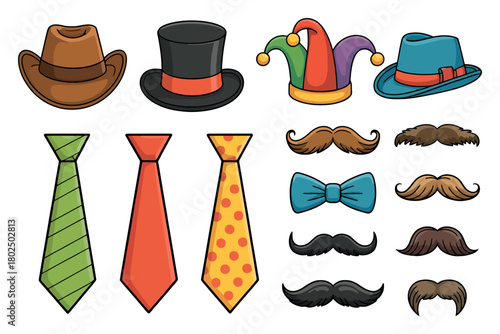 A collection of hats, ties, bowties, and mustaches for dress-up.