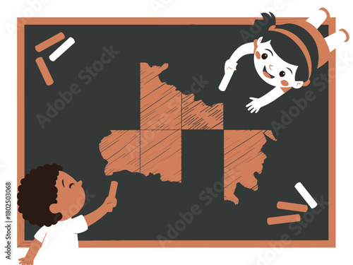 Children draw a map on a chalkboard, learning geography.