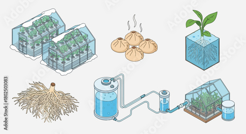 Isometric aquaponics and greenhouse farming with hydroponic roots and steamed dumplings