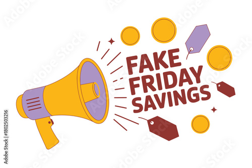 A megaphone announces fake Friday savings with coins and sale tags falling out