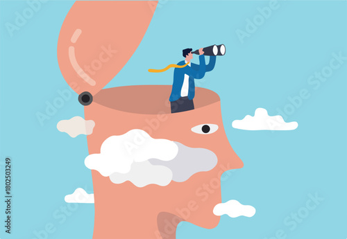 Clear business vision to see future opportunity, challenge to overcome difficulty to see real visionary concept, smart businessman with binoculars open his head above cloud storm for clear vision.