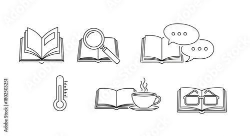Minimalist icons of open books with conversation, magnifying glass, and coffee