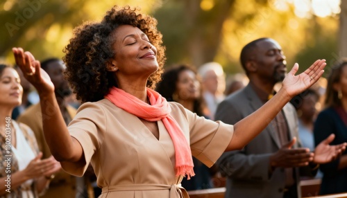 African American woman with hands raised in worship and prayer. Spiritual person expressing faith in an outdoor church congregation