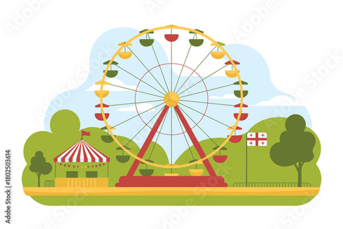 A Ferris wheel stands tall at an amusement park on a clear day.