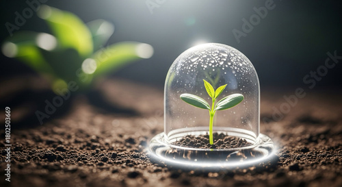 glass dome protecting a small green sprout, metaphor for plant protection, soft lighting