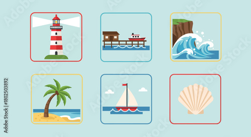 Nautical icons set: lighthouse, sailboat, tropical beach, wave, shell