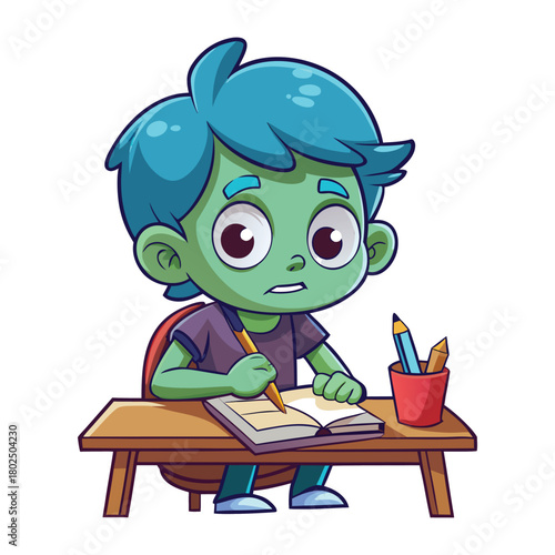 Little boy reading a book cartoon illustration