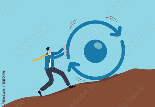 Consistency key to success, business strategy to repeatedly deliver work done, personal development or career growth concept, businessman pushing consistency circle symbol up hill with full effort. 