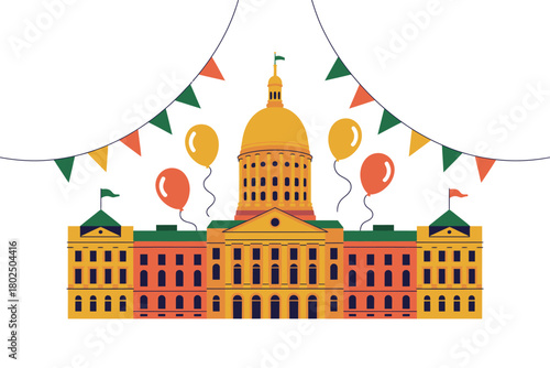 A colorful building with balloons and bunting flags.