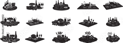 New year celebration food and drink arrangements silhouettes Vector