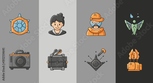 Colorful cartoon icons set: nature, technology, adventure, people