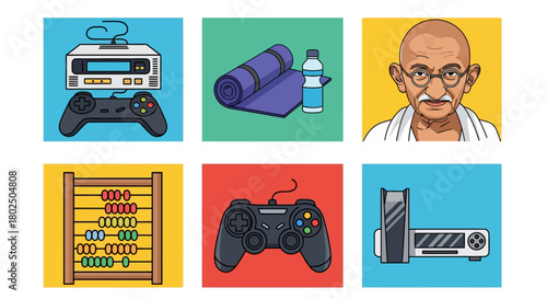 Colorful retro and modern icons featuring gaming, fitness, and historical figure