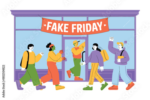 People approach a store advertising "Fake Friday" sales with excitement.
