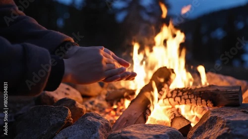 Cozy evening by a crackling campfire, hands cupping the warmth of dancing flames in a rustic setting, with the cool night air.