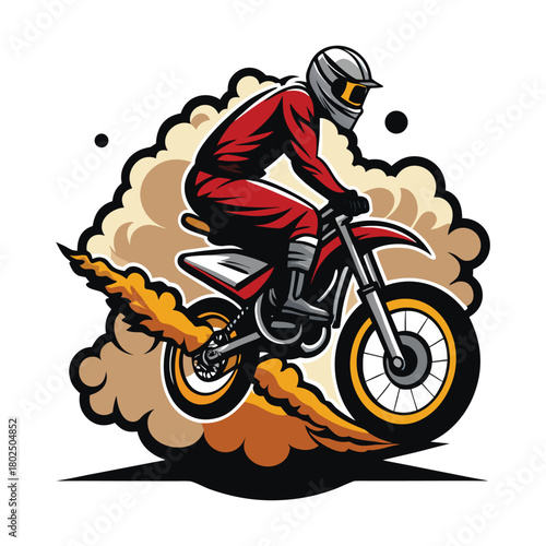 Motocross rider on red motorcycle riding fast