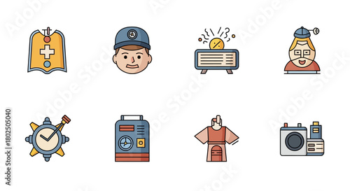 Set of colorful retro gadgets and characters in flat style
