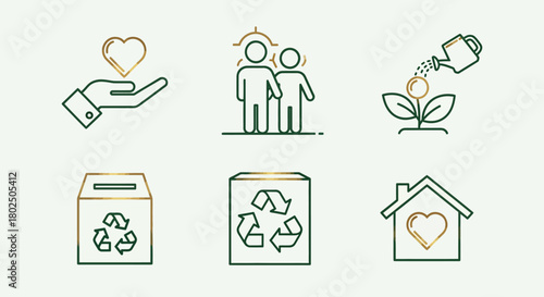 Minimalist eco symbols: recycling, family, growth, and love