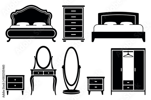 A collection of bedroom furniture is depicted in a silhouette style.