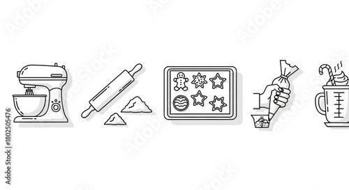 Outline design of baking tools and sweet treats for holiday cooking