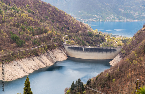 View of the Contra Dam as seen from the village of Mergoscia in the canton of Ticino, Switzerland.