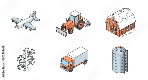 Isometric winter farm icons set: snowplow, barn, airplane, and more