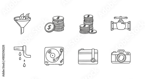 Linear icons of finance, music, and technology elements for modern design