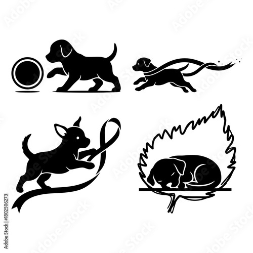 Puppy silhouette compilation of playful dog silhouettes engaged in different actions isolated on