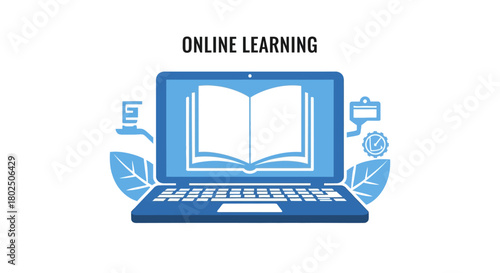 Digital education concept with open book on laptop in flat style