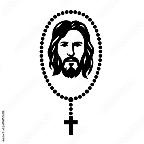 Sacred figure silhouette with rosary in black and white
